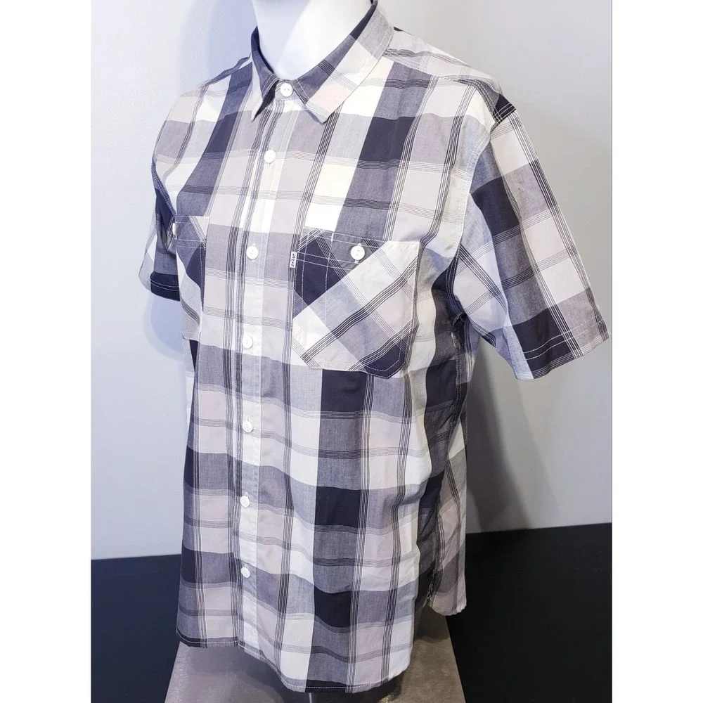 Levi Strauss Men's Medium Plaid Button Down Short Sleeve Shirt Black Gray White‎